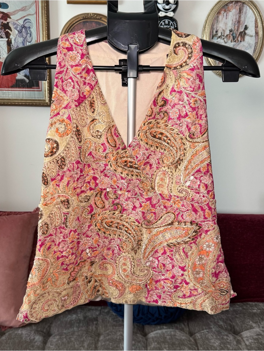 Paisley V-Neck Sleeveless Fairy Top in Pink and Tan